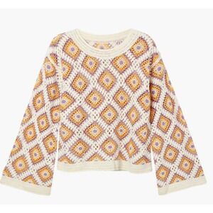 Desigual Crochet Granny Square Sweater Bell Sleeve Ivory Purple Yellow Women's S